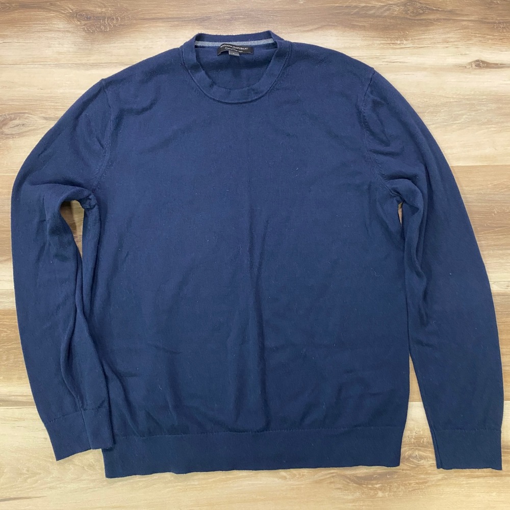 Banana Republic Crew Neck Sweater Size L Cotton Silk Cashmere Blend Navy Blue